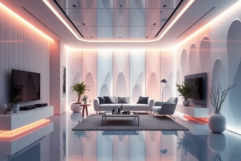 Interior de hogar inteligente con iluminación adaptativa y elementos sensoriales