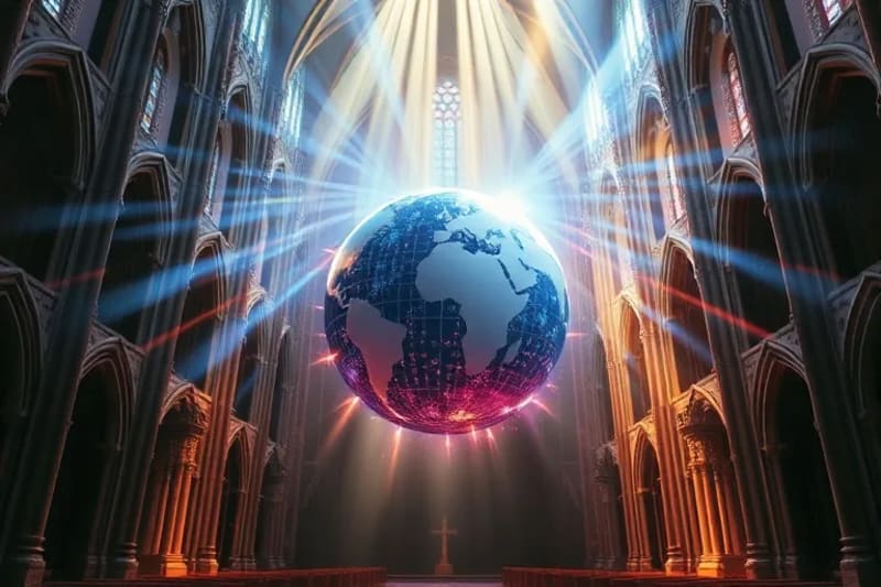 Arte digital abstracto con patrones de luz y energía convergiendo en un globo estilizado, representando estrategias divinas.