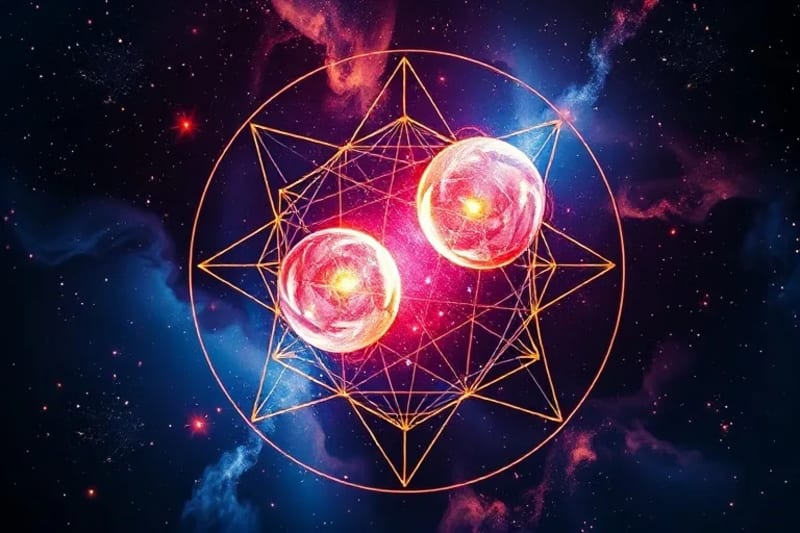 Abstract digital painting of two glowing, interconnected particles pulsating with energy against a cosmic nebula, linked by geometric light lines, symbolizing quantum entanglement and universal connections.