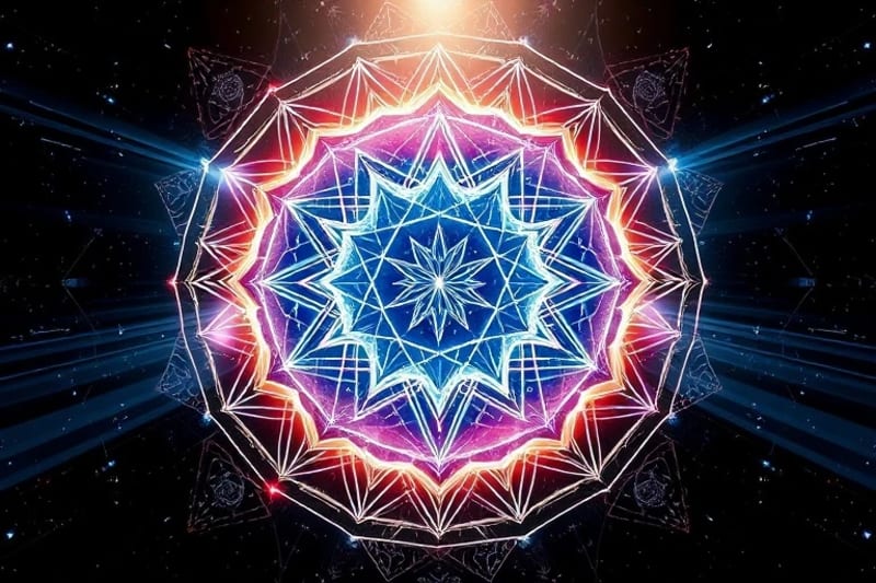3D render of a crystalline brain emitting light waves that interact with geometric patterns and holographic projections, symbolizing the 'All is Mind' principle and consciousness shaping reality.