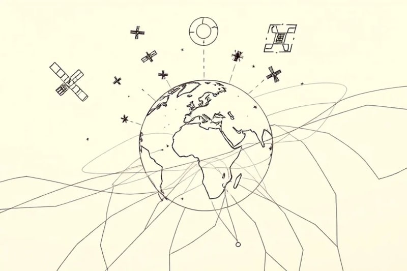 Stylized digital representation of Earth's infrastructure with glowing nodes of human interaction, observed by abstract AI algorithms.