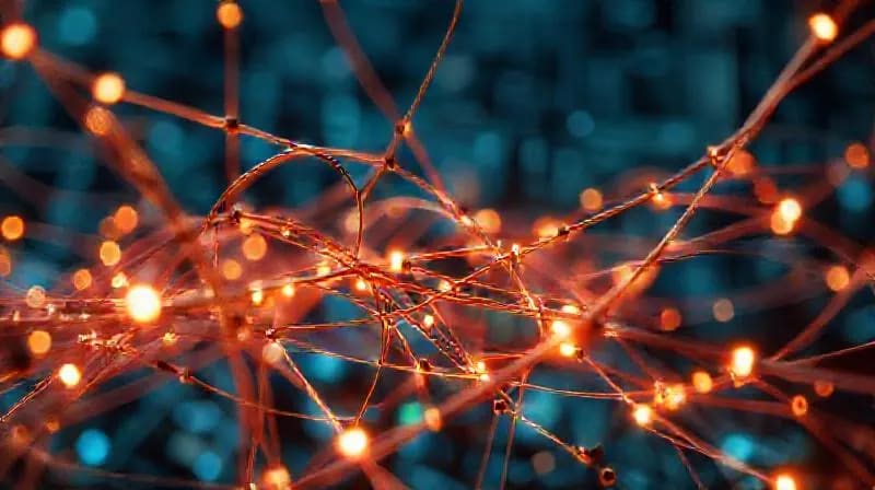 Extreme close-up of intertwined copper wires and glowing optical fibers forming an abstract network, symbolizing modern wireless connectivity