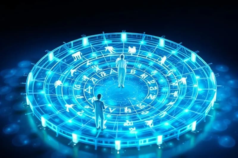Abstract 3D render of interlocking transparent data streams and glowing energy patterns forming an evolving spiral, with subtle human silhouettes.