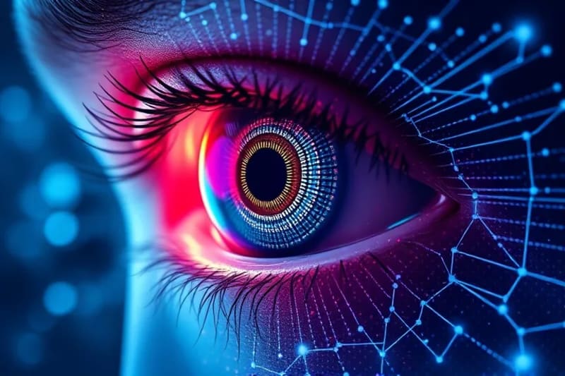 Ojo digital con microchip y flujos de datos globales