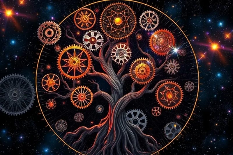 Clockwork gears and family tree in cosmic setting