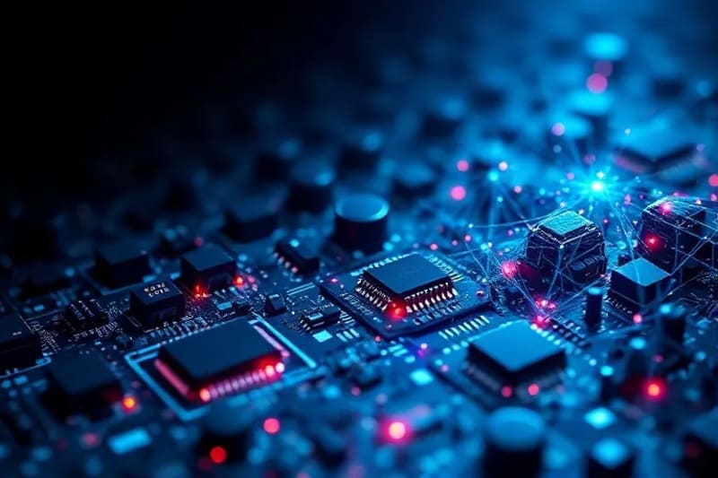 Abstract 3D render of a quantum network being disrupted by energy