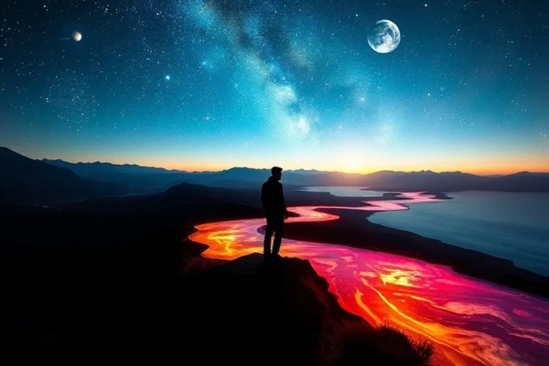 Abstract watercolor of time river and planetary alignments