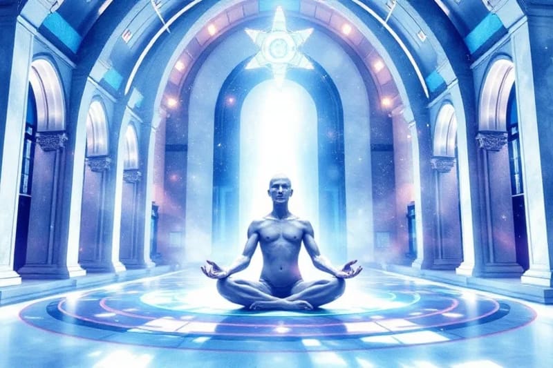 Representación digital de una figura humana meditativa rodeada de símbolos marianos holográficos y patrones de ondas cuánticas, en un espacio futurista y sereno.