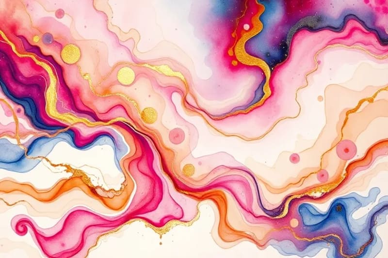 Abstract watercolor painting depicting harmonious energy flow in a modern co-working space, with subtle human figures.