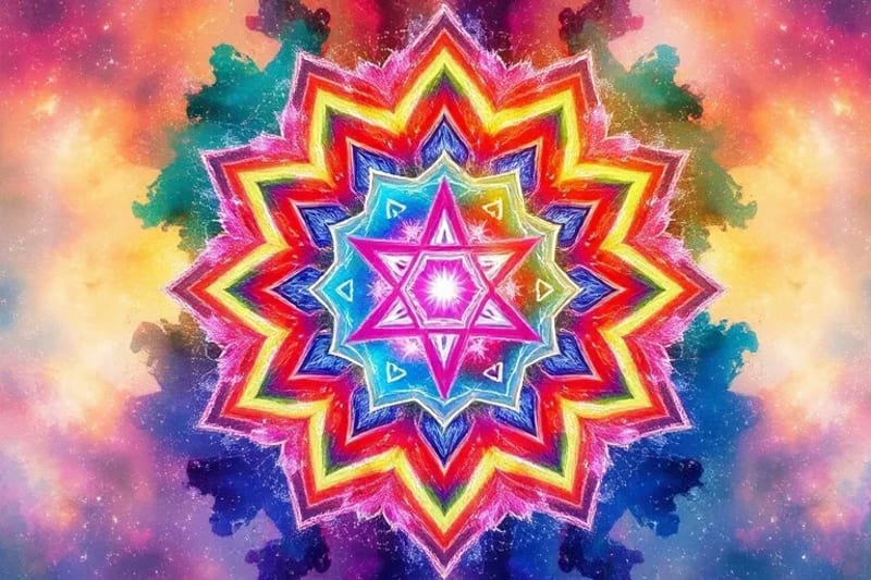Pintura acuarela de los siete chakras vibrantes y un aura etérea