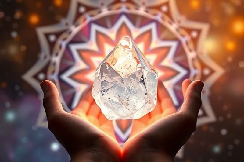 Manos sosteniendo un cristal de cuarzo con luz etérea