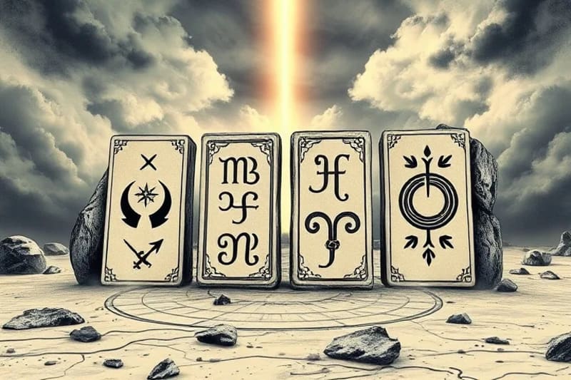 Ancient stone tablets with astrological symbols and glowing crystalline structures, symbolizing past wisdom meeting future change