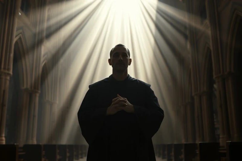 Monje en monasterio cantando, luz etérea como ondas sonoras