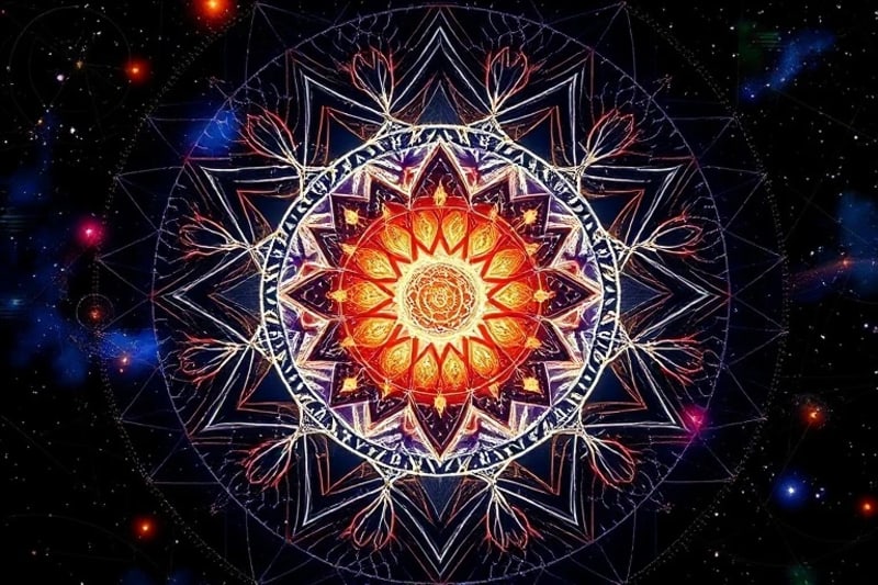 Representación abstracta del viaje del alma con hilos de luz entrelazados, algunos oscuros y anudados, otros brillantes y fluidos.