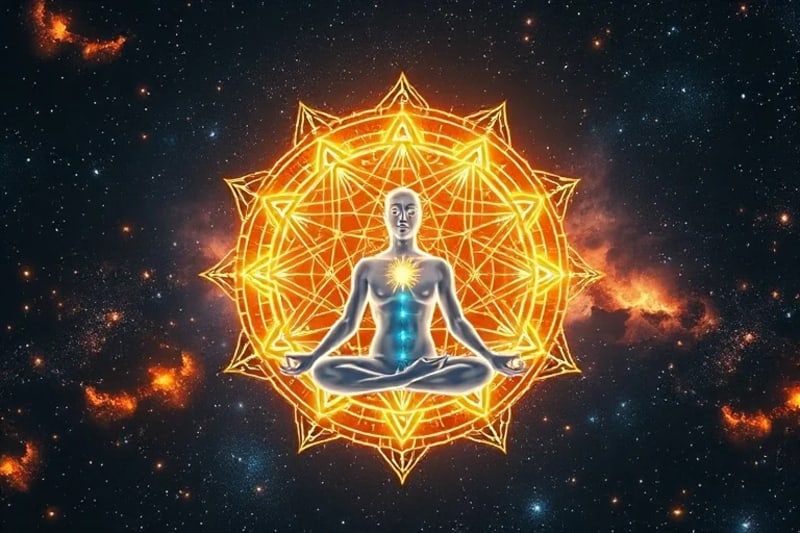 Figura humana meditando bajo un cielo estrellado, con constelaciones formadas por caminos de luz que representan la evolución kármica.