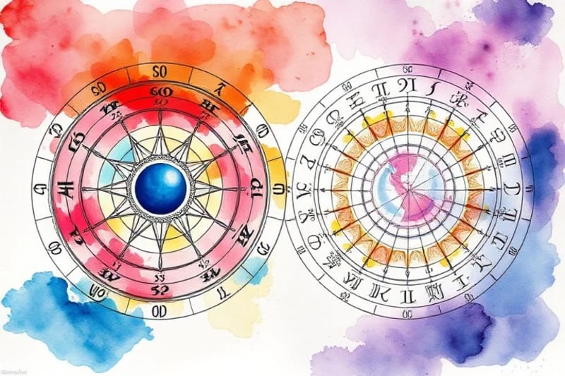 Abstract watercolor of celestial maps showing different astrological systems
