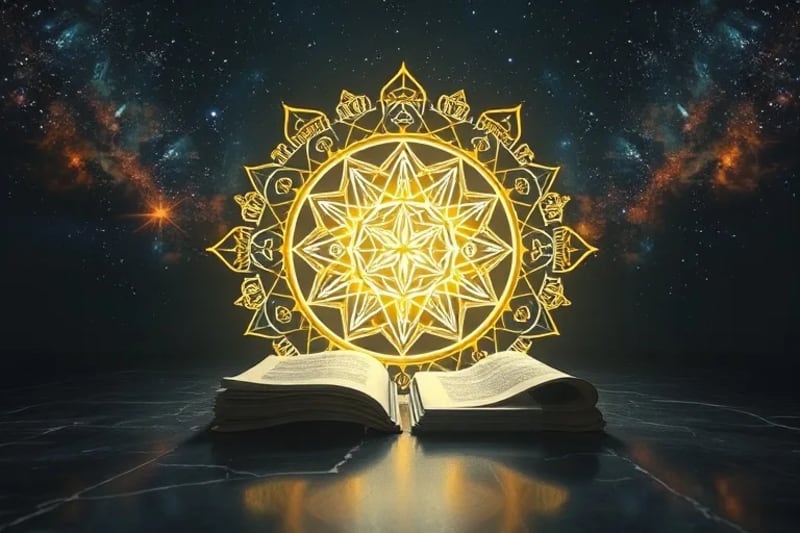3D render of ancient scrolls and modern tablets connected by glowing energy