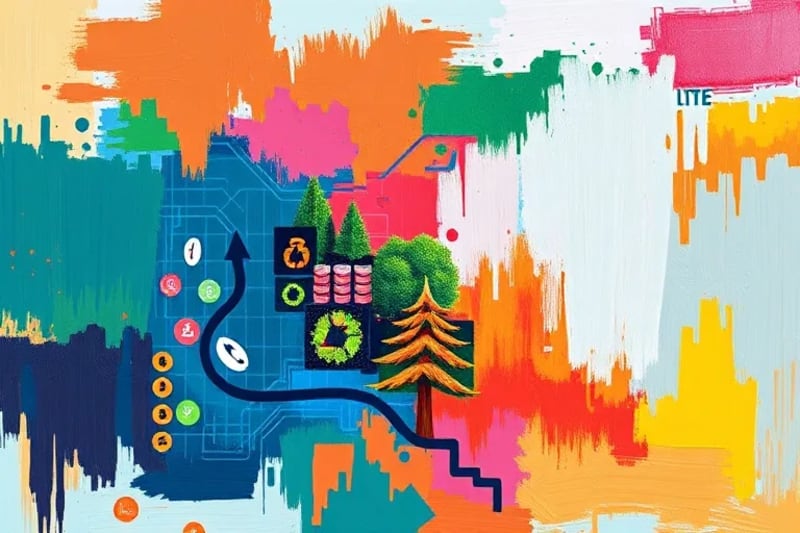 Infografía de ciclo de vida de producto circular con símbolos de reciclaje y crecimiento, ilustrando la eficiencia de recursos y reducción de residuos.