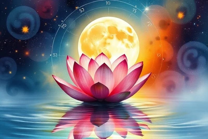 Pintura acuarela abstracta de una flor de loto floreciendo bajo una luna llena, rodeada de remolinos de luz y color que simbolizan abundancia y liberación de energía.