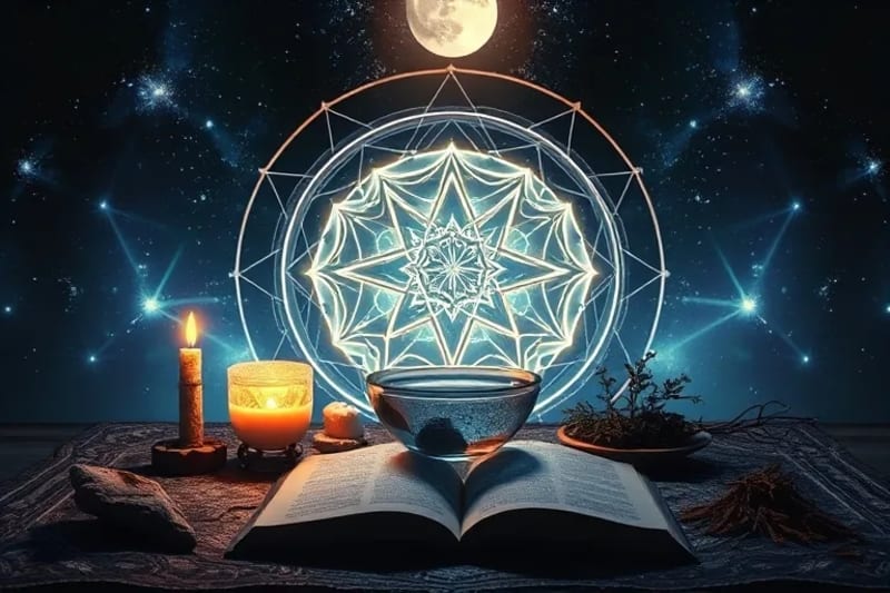 Render 3D detallado de objetos rituales en un altar: cristales brillantes, cuenco de agua reflejando la luz de la luna, hierbas secas y un diario abierto, creando un espacio sagrado.