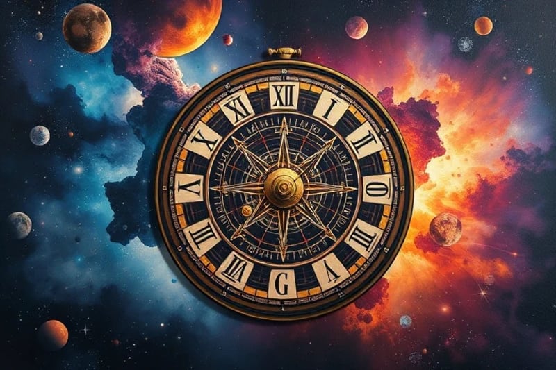 Intricate cosmic clock with planetary symbols, representing the precise dance of celestial bodies.