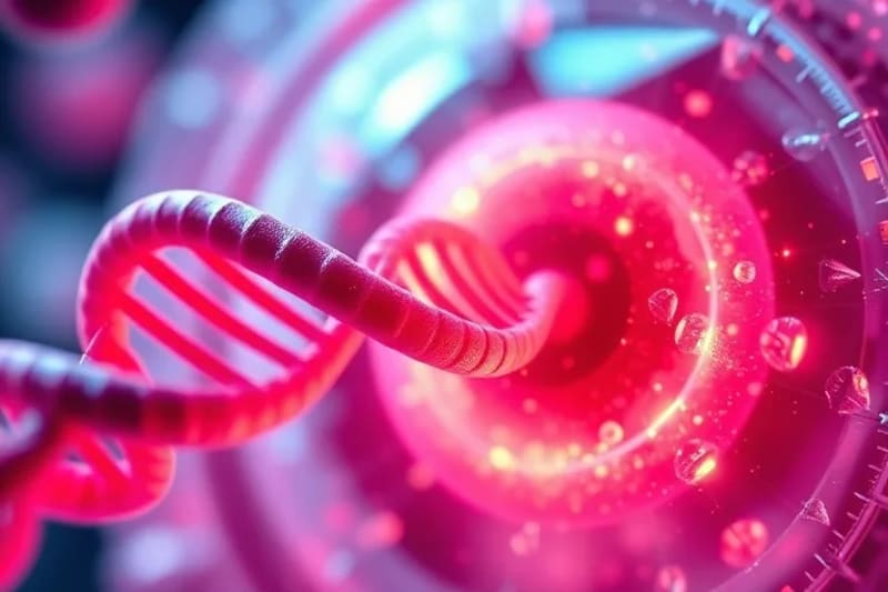 Primer plano de una célula humana con estructuras de ADN visibles y síntesis de proteínas, simbolizando la optimización celular a través del biohacking.