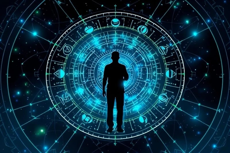 Diagrama vectorial de símbolos astrológicos interconectados con flujos de datos
