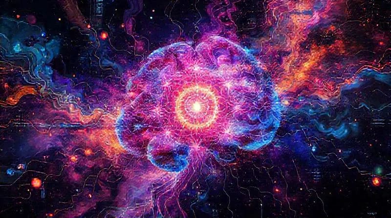 Representación artística de la actividad cerebral durante la meditación, con patrones de luz y energía que simbolizan la conexión mente-cuerpo.