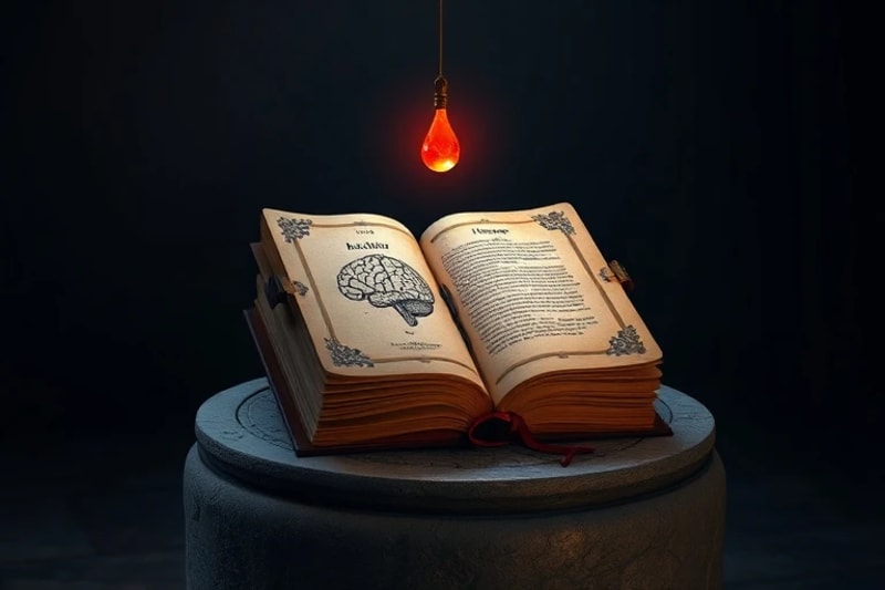 Una composición visual que une elementos científicos como un diagrama cerebral con objetos religiosos como un rosario, simbolizando la búsqueda de la verdad en la intersección de la ciencia y la fe.