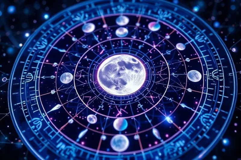 Representación de una red neuronal bioluminiscente entrelazada con fases lunares y órbitas planetarias, simbolizando la conexión entre la mente, el cuerpo y el cosmos.