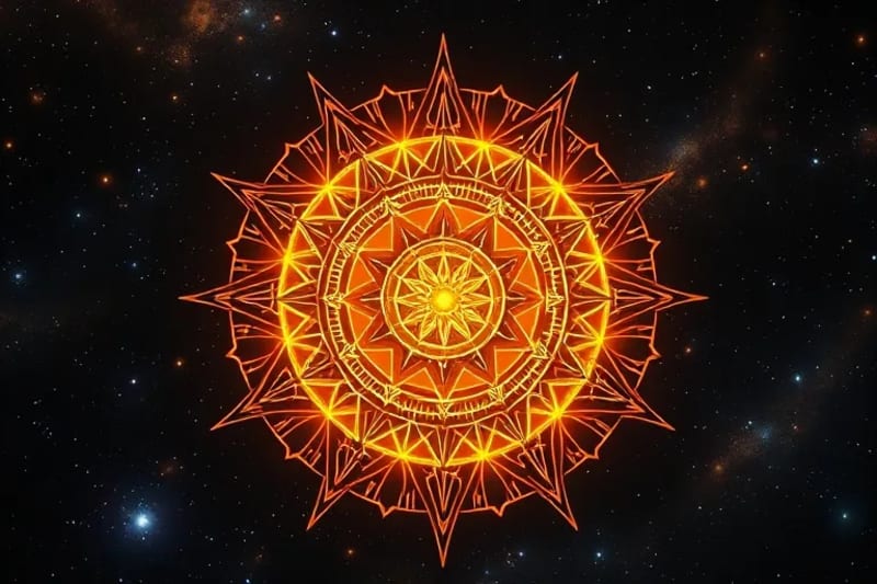 Stylized sun with geometric patterns radiating light onto a cosmic clock, symbolizing cyclical time and astrological returns.