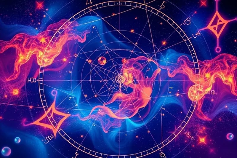 Pintura digital abstracta de patrones de energía y formas geométricas que representan la influencia de los tránsitos planetarios en los campos de energía humanos.