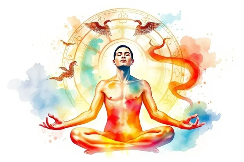 Vector art of a person meditating, surrounded by abstract astrological symbols and flowing lines representing energy and growth.