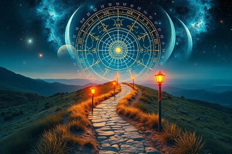 Digital painting of a winding path through a serene landscape, with glowing signposts under a sky depicting a blend of natal and solar return charts.