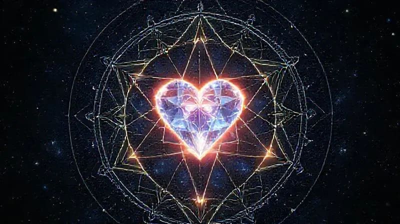 Glowing crystal heart with interconnected light beams and planetary symbols