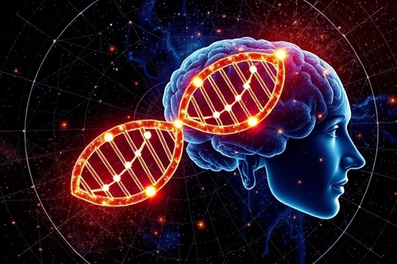 Representación abstracta de una doble hélice de ADN entrelazada con cuerpos celestes y patrones neuronales.
