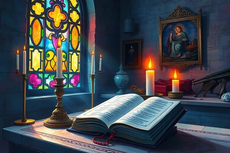Rincón interior de ermita urbana con vela encendida, libro de oraciones y planta, luz de vitral