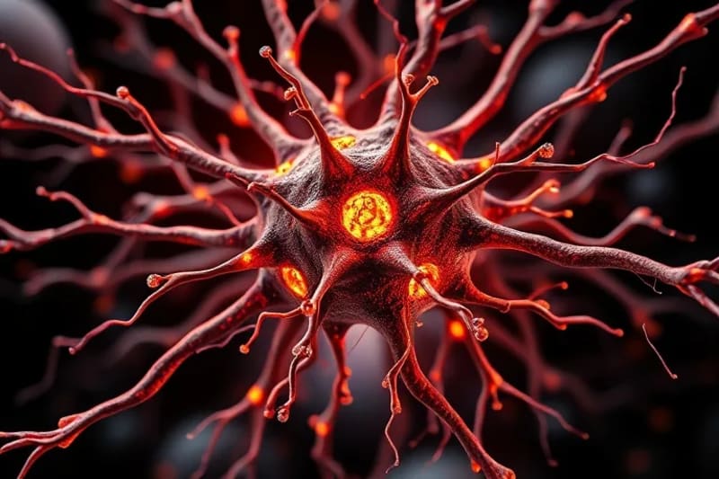 Primer plano de una neurona con marcadores epigenéticos brillantes, y símbolos astrológicos difusos en el fondo.