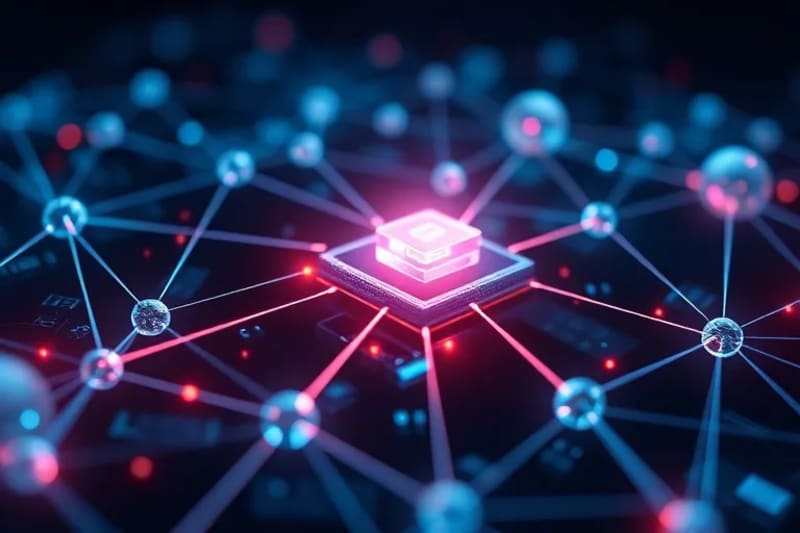 Red de nodos interconectados con símbolos de propiedad intelectual, representando la complejidad legal de los activos virtuales.