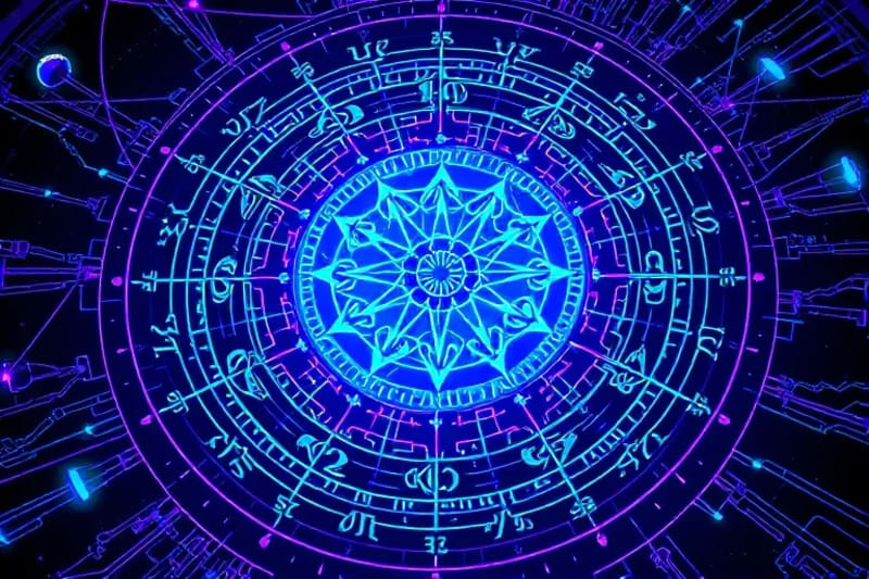 Intricate digital network representing global consciousness, with AI algorithms analyzing data streams and astrological glyphs, highlighting analytical processes.