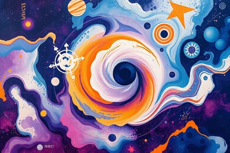 Vibrant abstract painting with swirling cosmic colors and subtle geometric patterns, symbolizing dynamic shifts in collective consciousness and planetary influences.