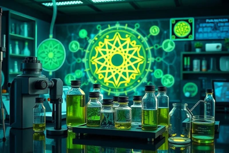 A modern laboratory with advanced scientific instruments analyzing plant extracts, with subtle, ethereal glowing lines connecting the lab to ancient symbols of traditional healing, blending natural greens and blues with futuristic neon. The image represents the fusion of ancestral wisdom and cutting-edge technology.