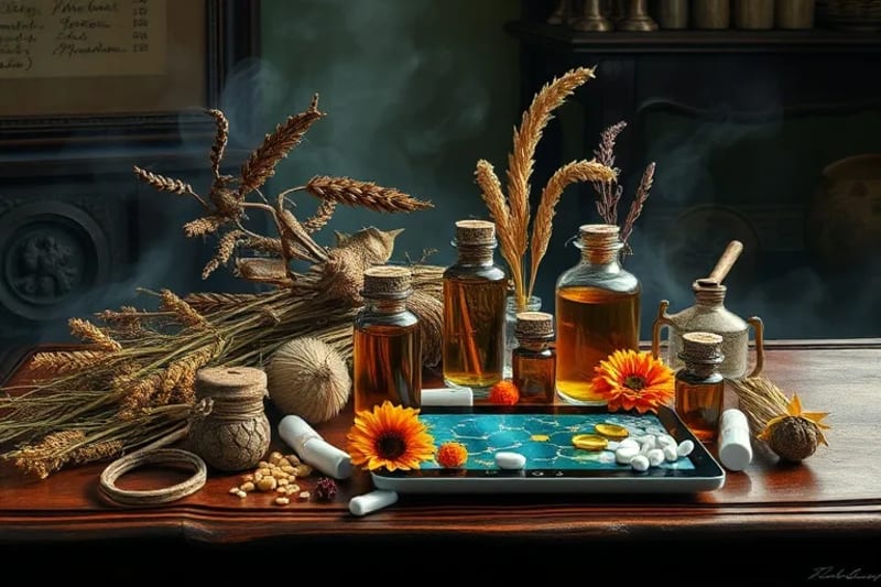 A conceptual still-life with dried medicinal plants (roots, leaves, bark) on an antique wooden table next to modern pharmaceutical vials and a digital tablet showing molecular structures. Dramatic lighting highlights the contrast between organic history and futuristic medicine, with a subtle mist creating an atmosphere of ancient mystery meeting modern clarity.