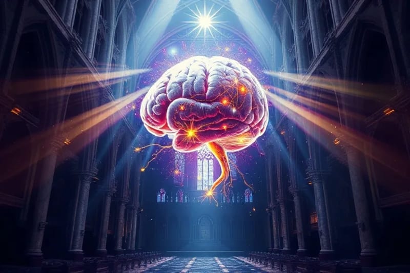 Cerebro humano fusionándose con luz celestial y patrones neuronales