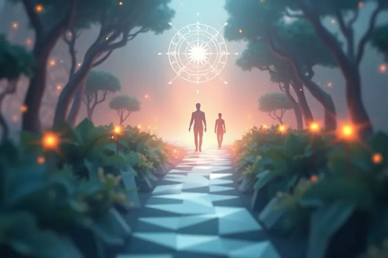 Ilustración digital de un camino espiritual con nodos energéticos y figuras etéreas.