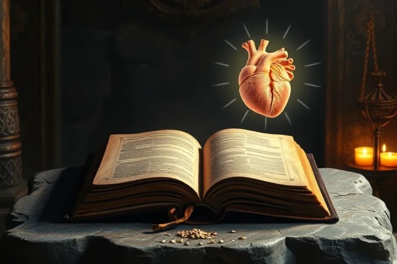 Libro antiguo con energías que forman corazón y cerebro flotantes