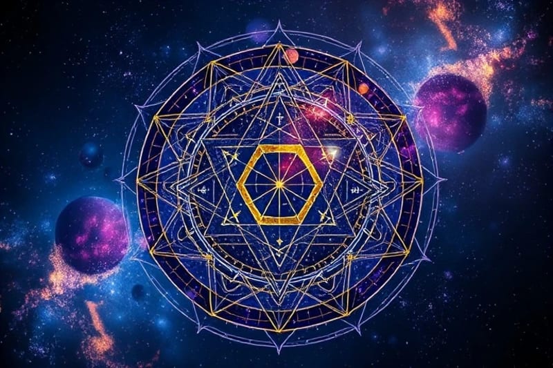 Vibrant, geometric representation of astrological aspect patterns with intersecting lines and shapes in deep blues, purples, and gold.