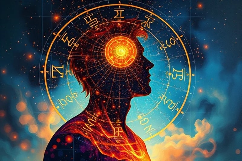Stylized human silhouette before a holographic natal chart with data streams, symbolizing the integration of cosmic data and self-understanding.