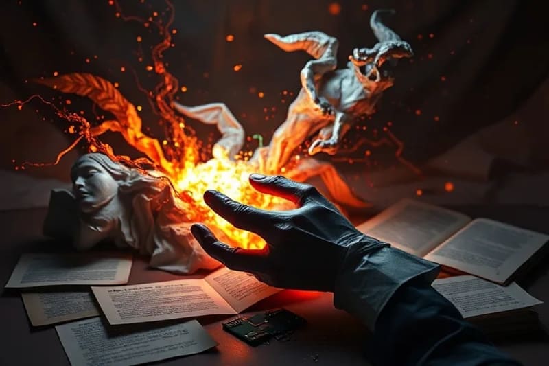 Bodegón dramático y simbólico con la mano rota de una escultura clásica que se extiende hacia un lienzo digital abstracto y brillante. Alrededor hay textos filosóficos antiguos y placas de circuitos modernos, iluminados con claroscuro.