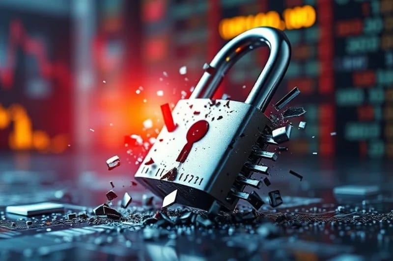 Un candado digital roto, simbolizando la vulnerabilidad de la seguridad tradicional frente a nuevas amenazas.